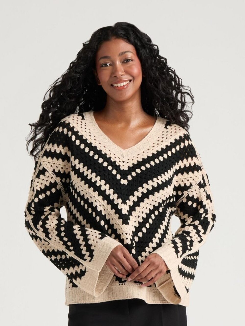NEW Mexx Black and White Crochet Top with Artistic Flair & Flared Sleeves Small